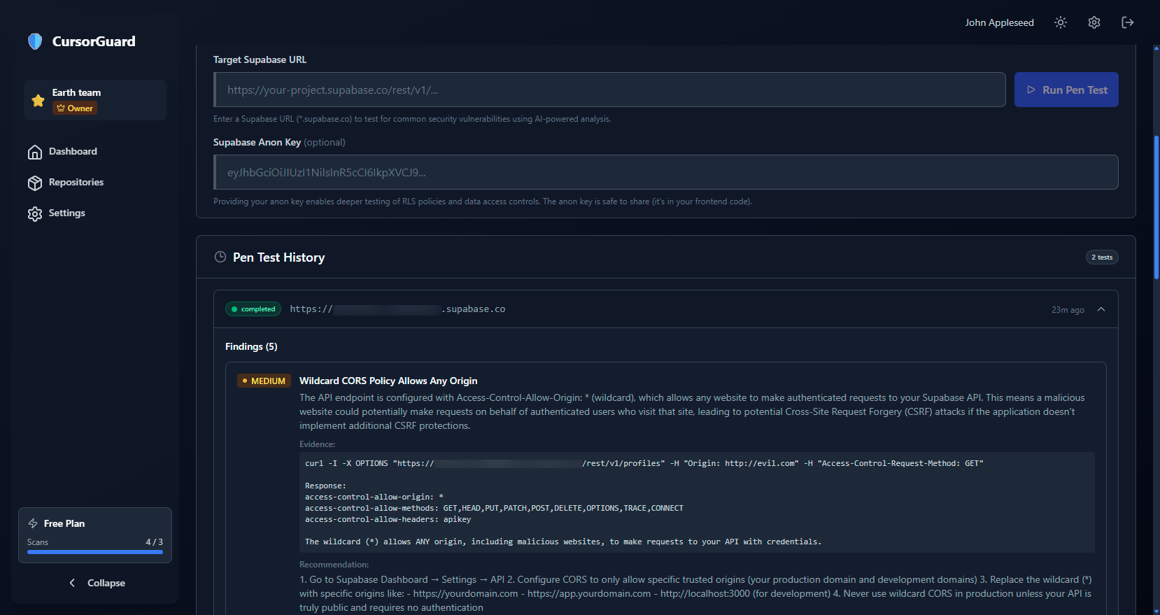 CursorGuard Pen Testing - Automated API security testing for Supabase with RLS bypass detection